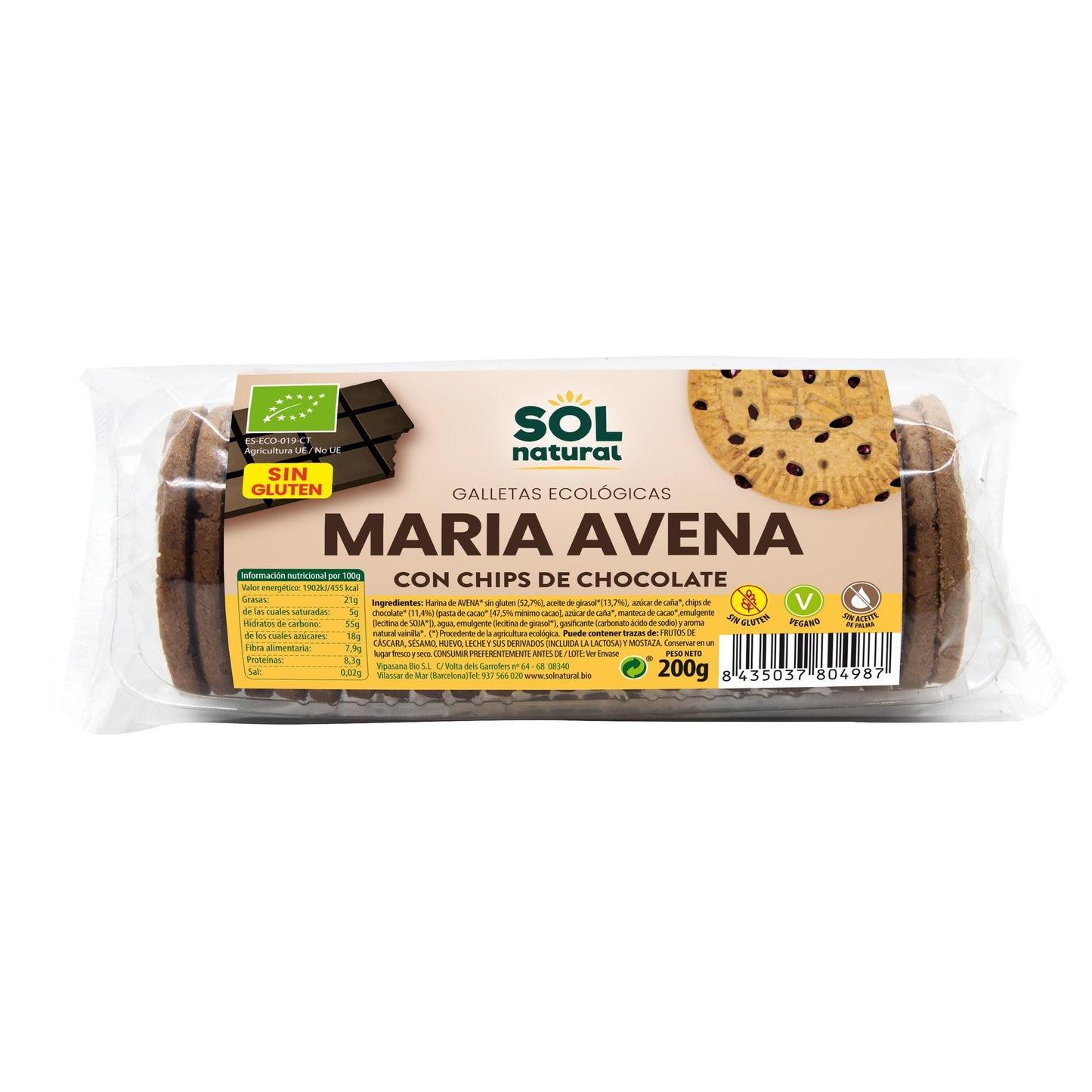 Sol Natural Organic Gluten-Free Oatmeal Cookies with Chocolate Chips 200 g