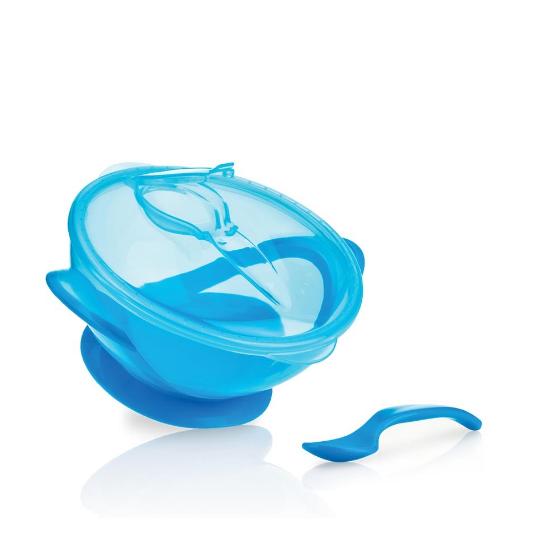 Ciotola per bambini con ventosa, cucchiaio e coperchio blu 6m+ Nuby