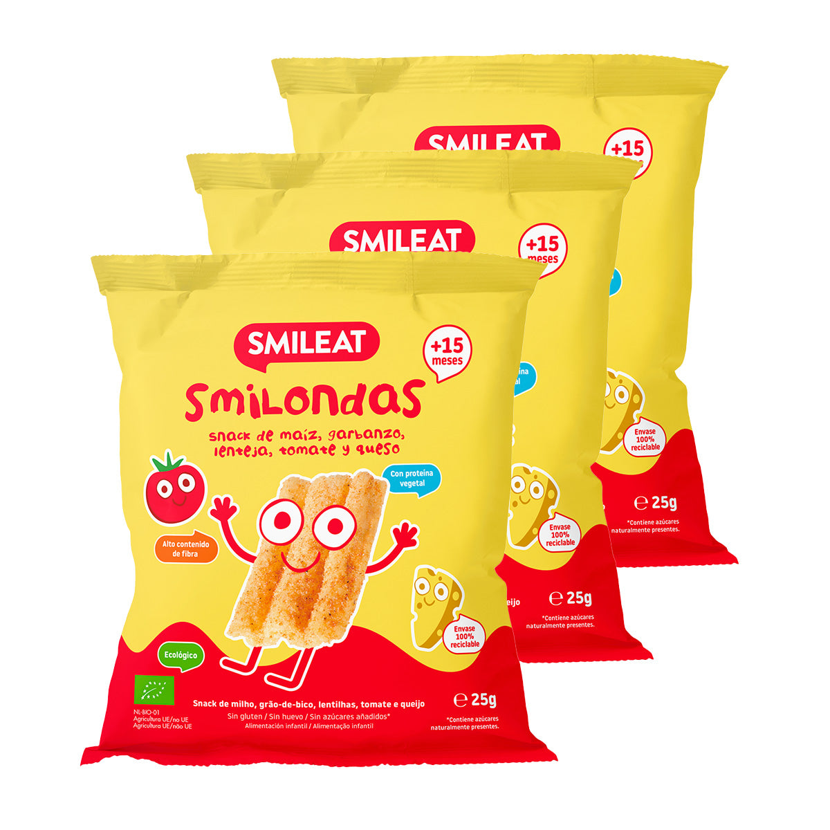Confezione da 3 snack Smilondas con mais, ceci, lenticchie, pomodoro e formaggio biologico, Smileat, 25 g