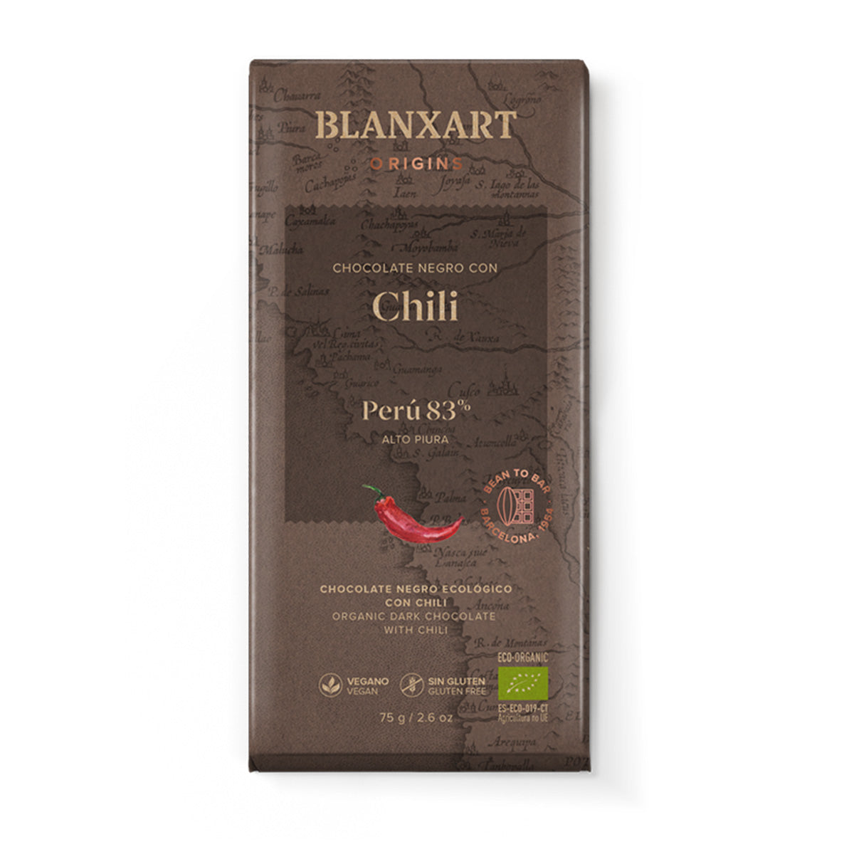 Cioccolato Perù 83% con peperoncino Eco Vegano Senza glutine Blanxart 75 g