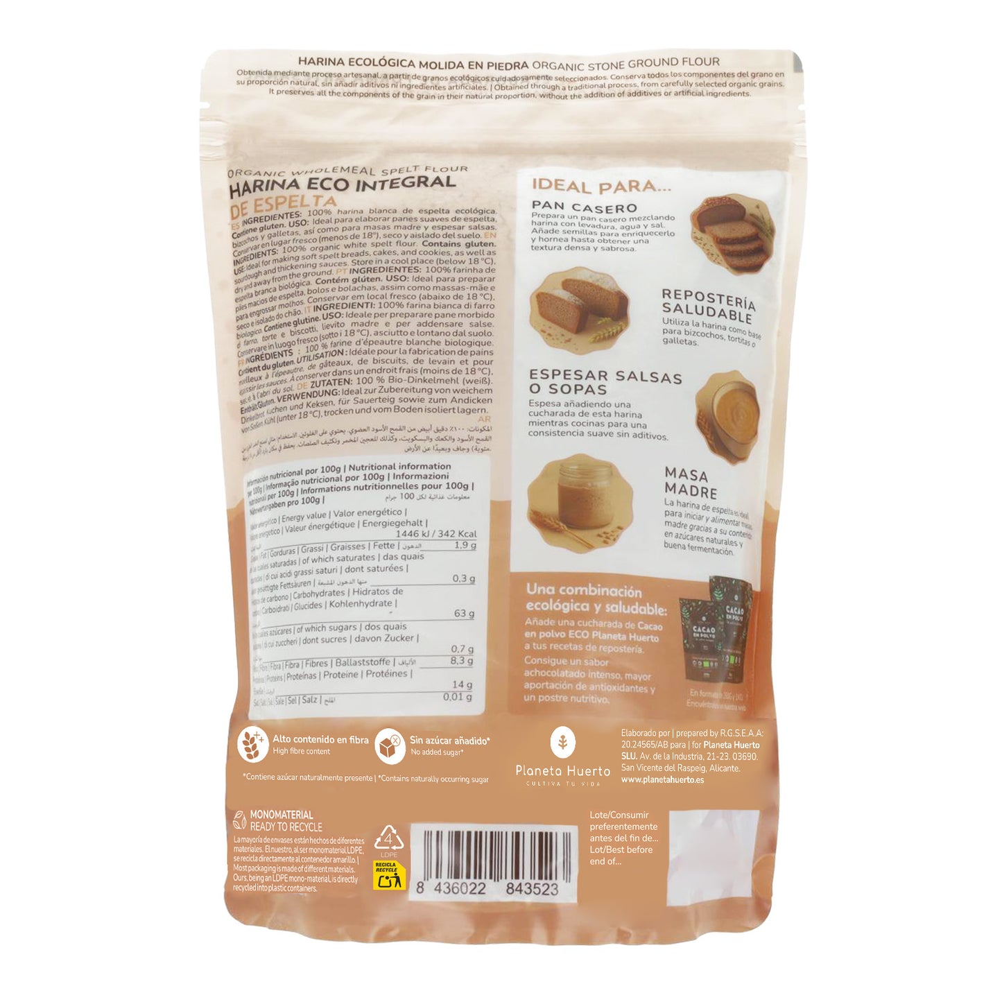 Wholemeal Spelt Flour Eco Planeta Huerto 800 g