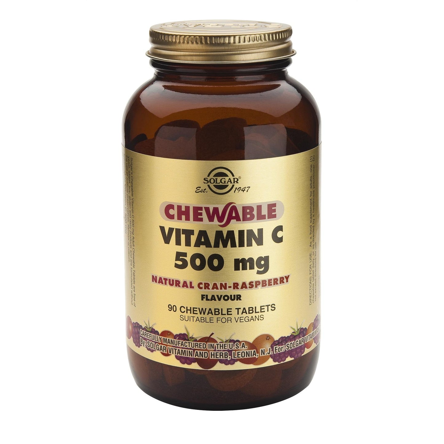 Vitamine C 500 mg saveur framboise Solgar, 90 comprimés à croquer