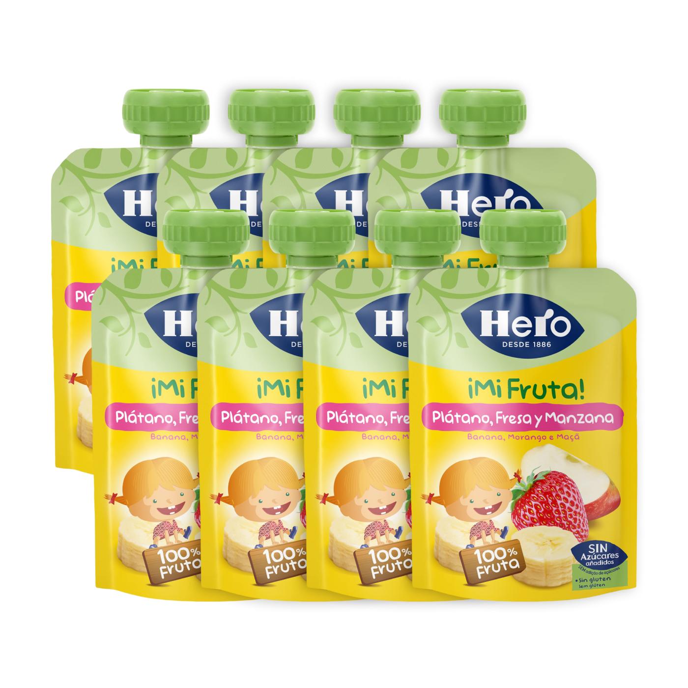Pakket x8 Hero-yoghurtbekers met banaan, aardbei en appel 100 g