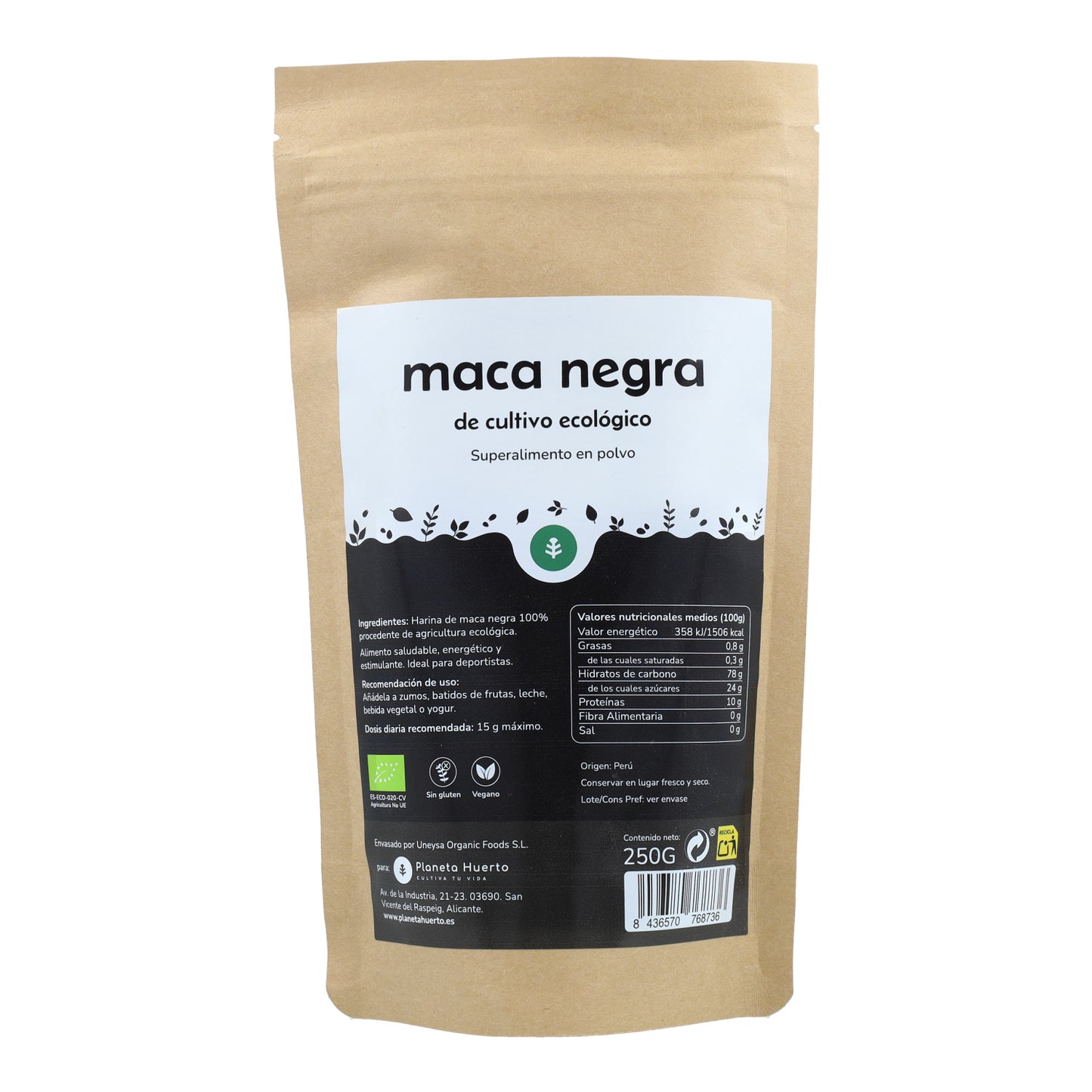 Schwarzes Maca-Pulver ECO Planeta Huerto 250 g
