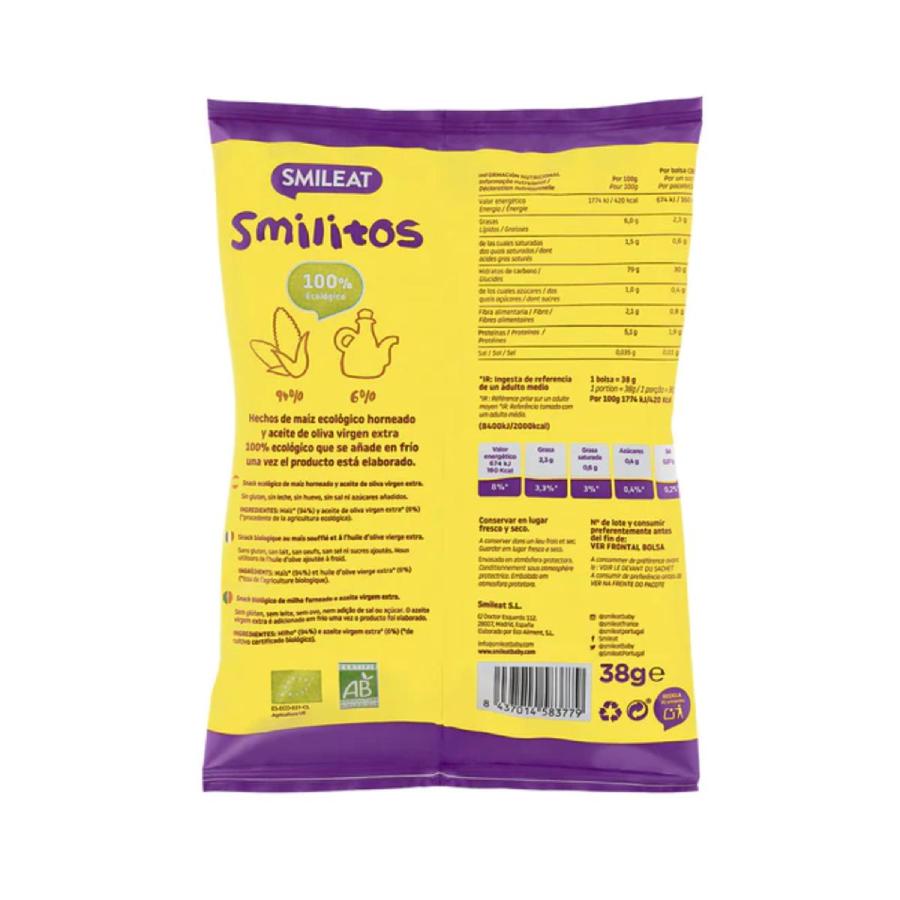 Förpackning med 2 Smilitos, ekologiska majskorn Smileat, 38 g