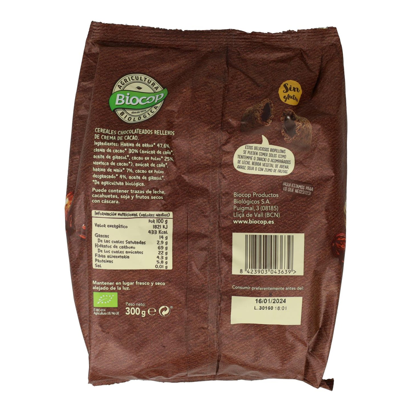 Biopillows Graanproducten gevuld met glutenvrije pure chocolade Biocop 300 g