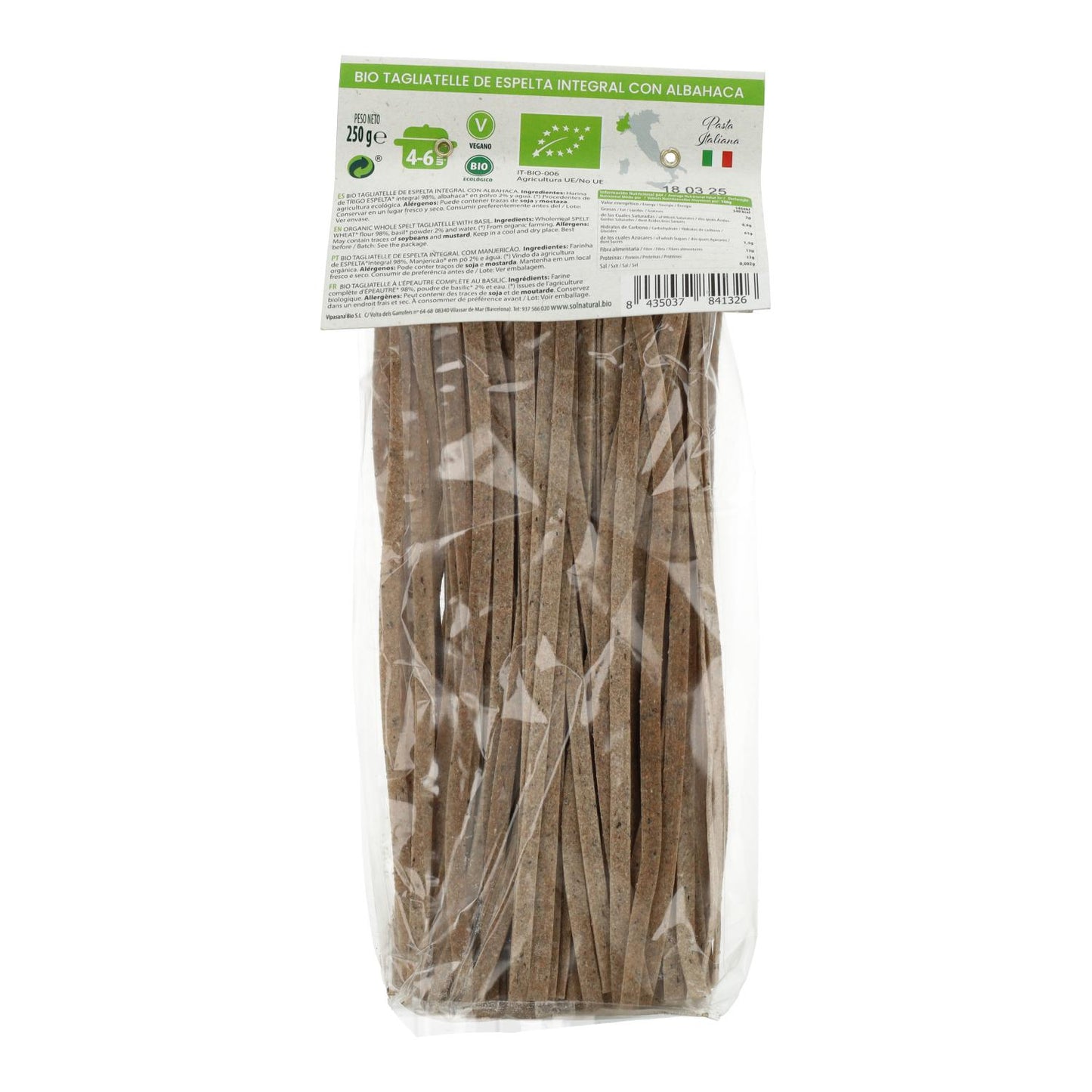 Organic Spelt Tagliatelle with Basil Sol Natural 250g