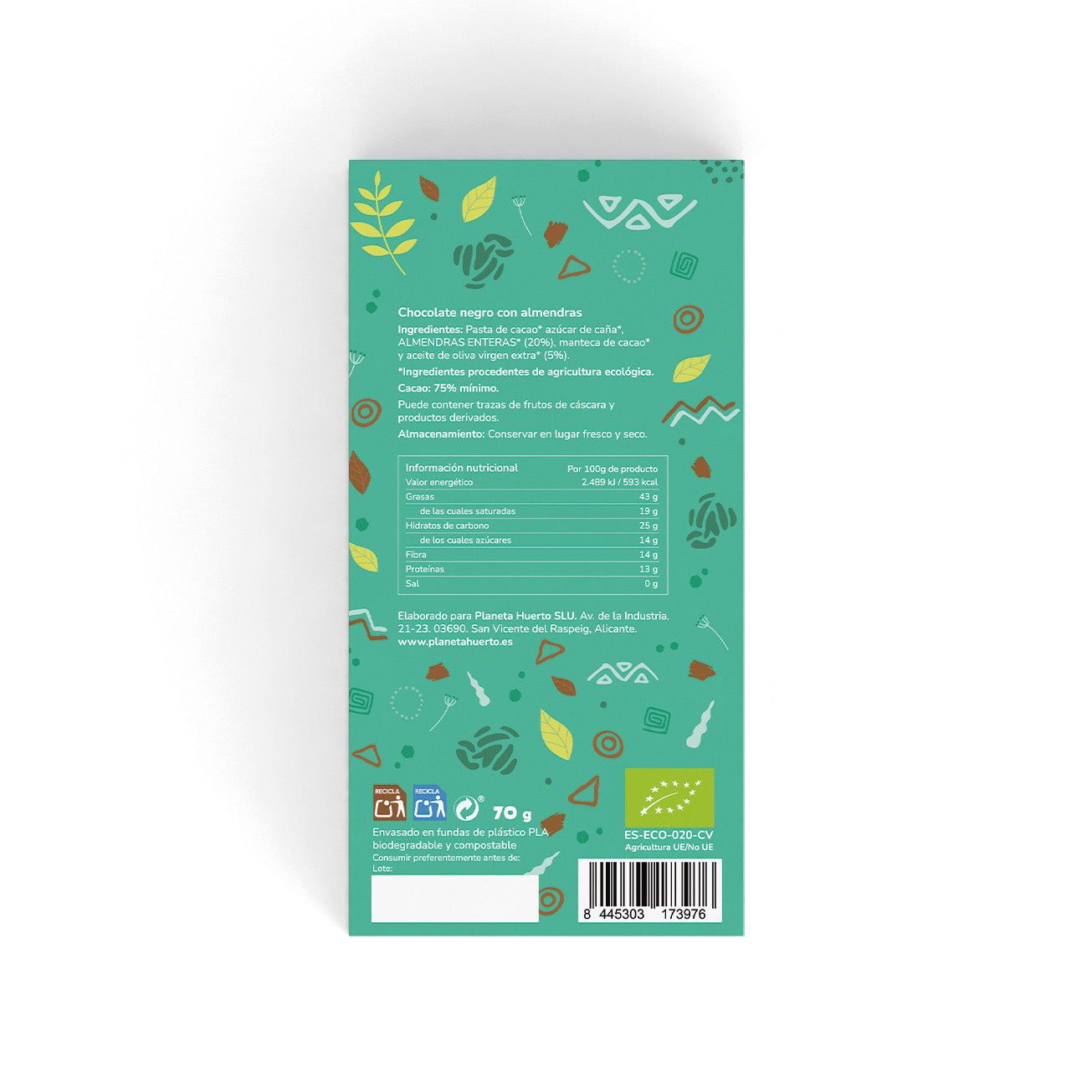 Tafel Zartbitterschokolade 75% Zartbitterschokolade mit Mandeln ECO Planeta Huerto 70 g