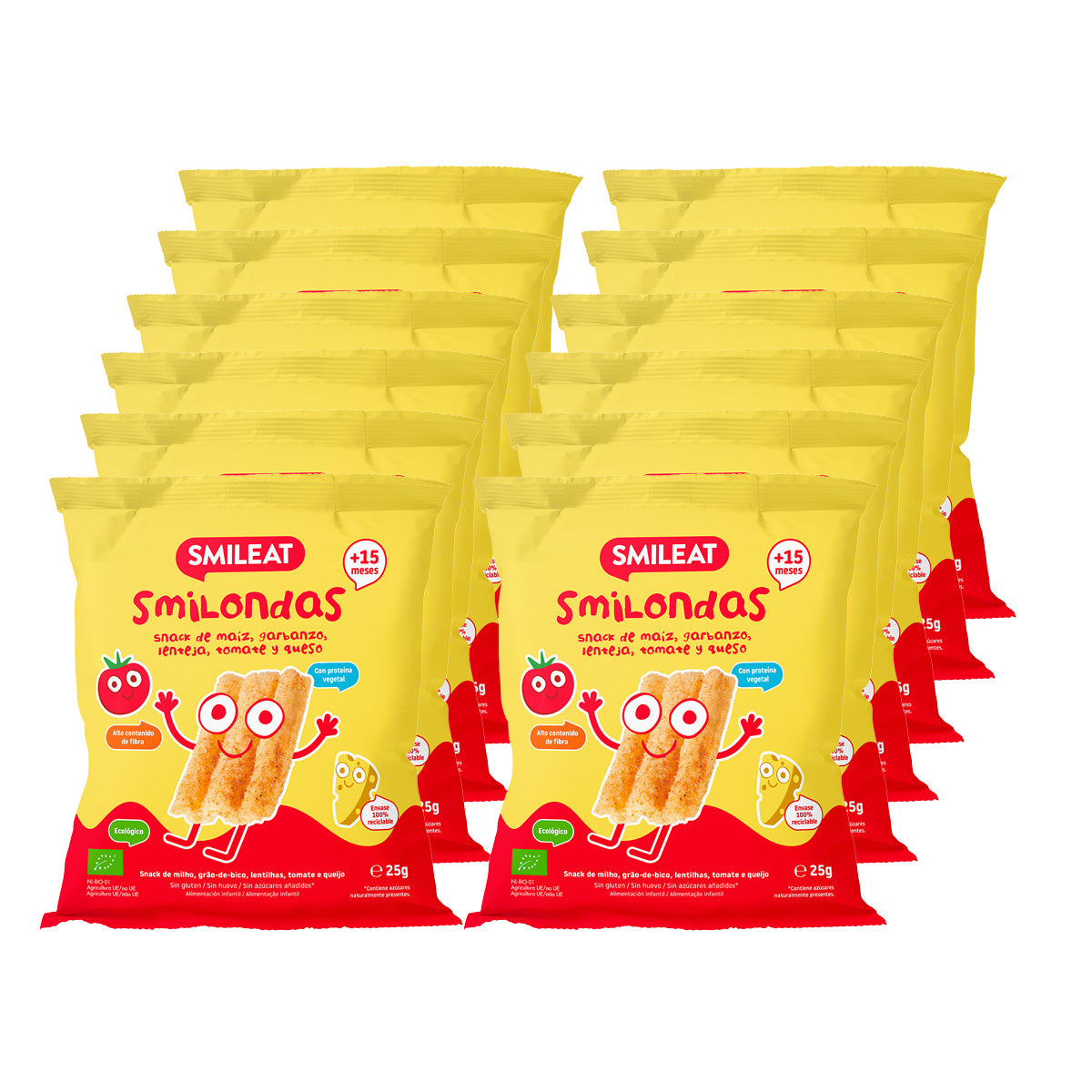 Confezione da 12 snack Smilondas con mais, ceci, lenticchie, pomodoro e formaggio biologico, Smileat, 25 g