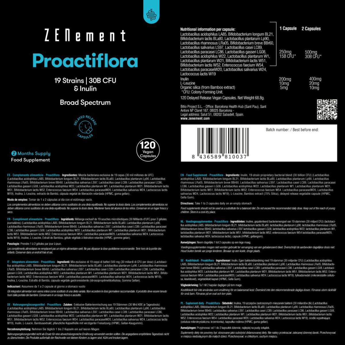 Proactiflora, 19 szczepów + inulina, kapsułki żołądkoodporne Zenement, 120 tabletek
