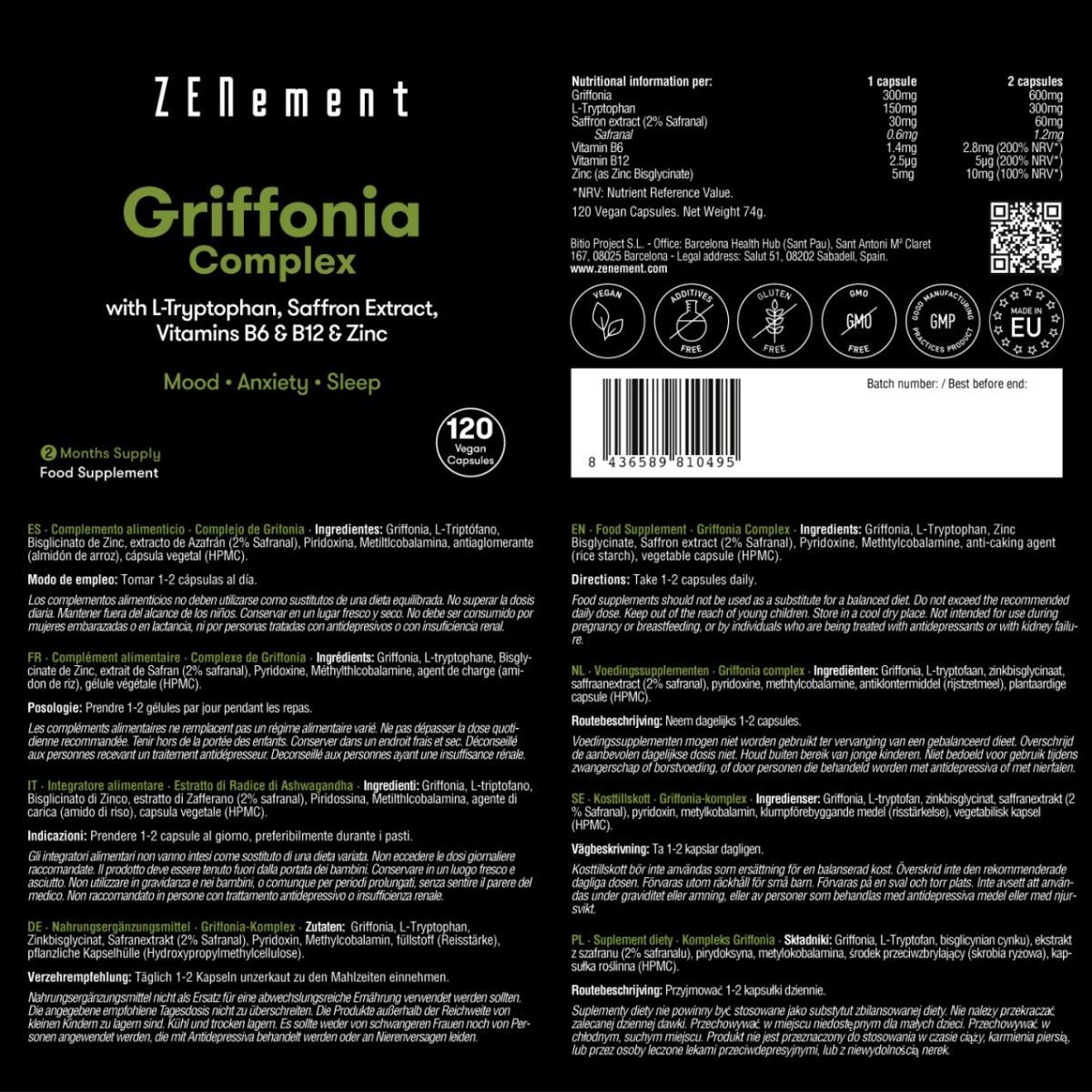 Griffonia complex (source of 5-HTP) with L-tryptophan, saffron extract, B6, B12 and zinc Zenement, 120 tablets