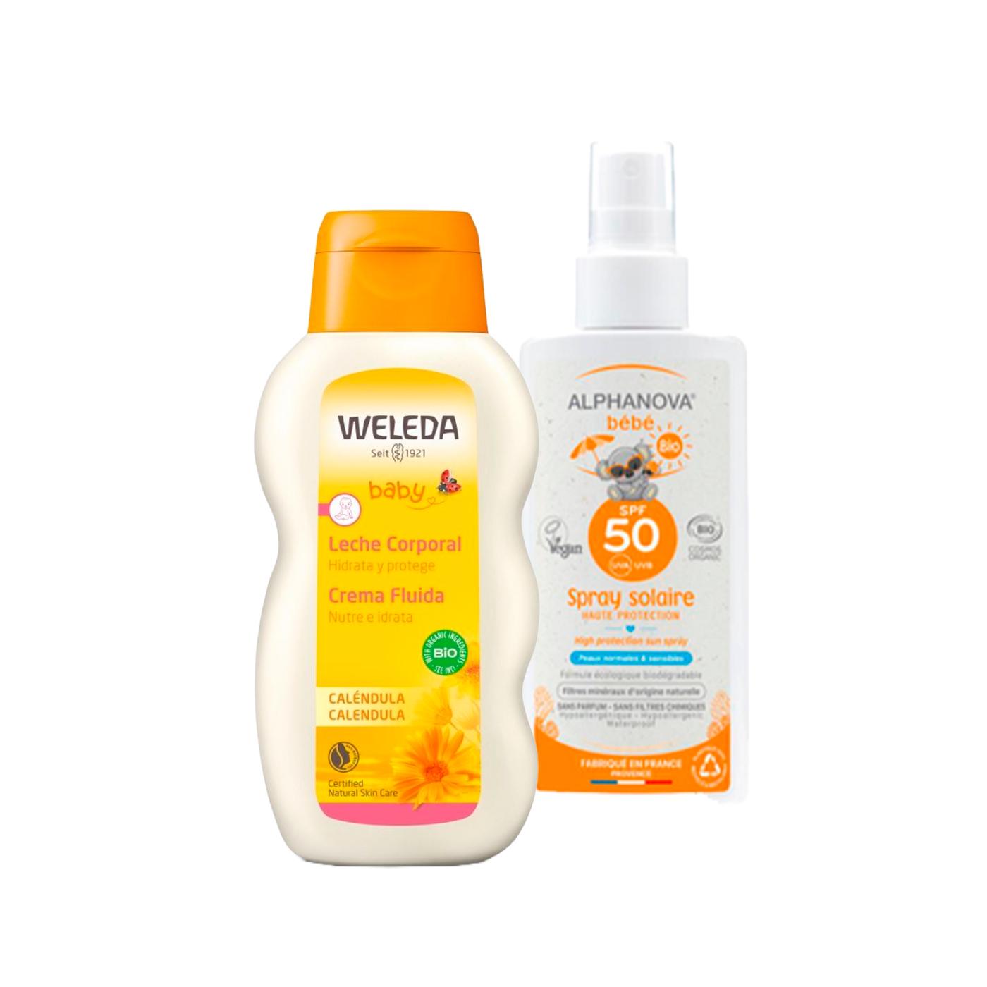ZOMERPAKKET Ecologische zonnebrandcrème voor baby's SPF 50 Alphanova 125 ml + Calendula-bodylotion Weleda, 200 ml