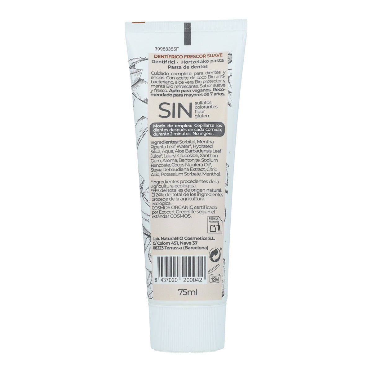 Tandpasta voor een zachte frisheid Aloe Vera en Kokos Bio NaturaBio 75 ml