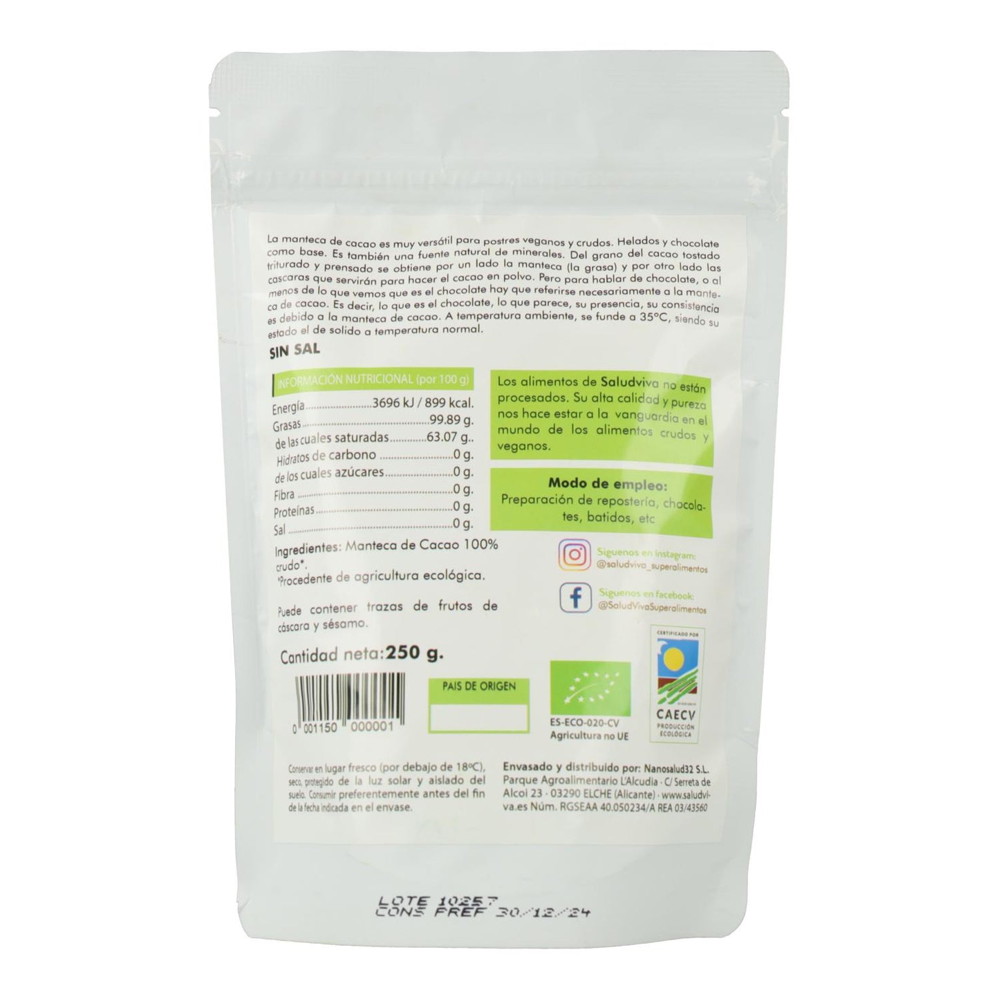 Burro di cacao in cialde ECO 250 g, Salud Viva