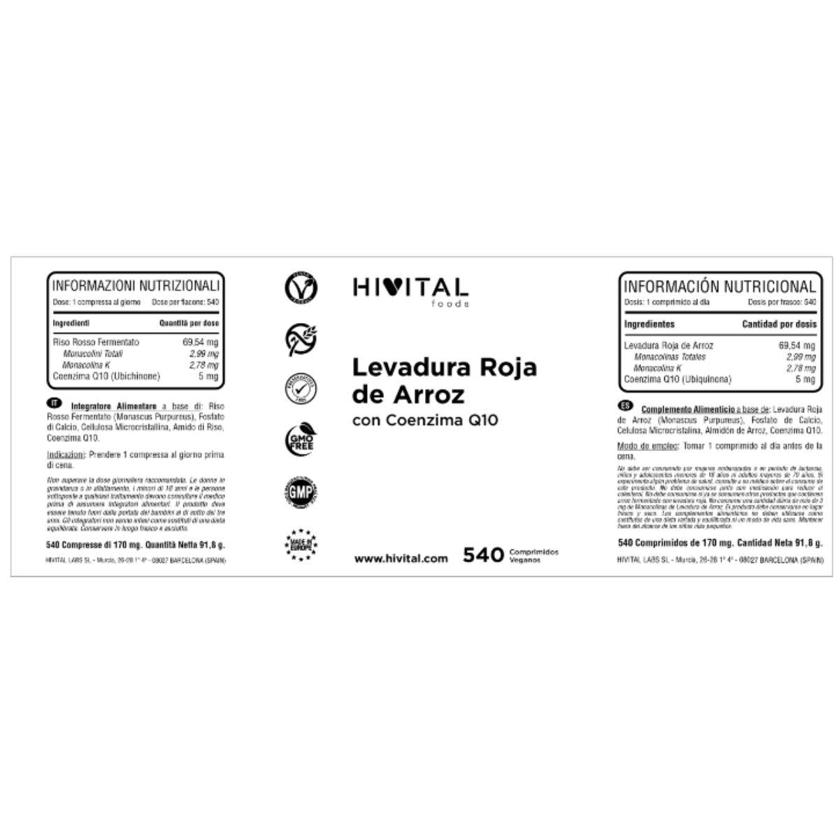 Levure de riz rouge avec coenzyme Q10 Hivital 540 gélules végétaliennes