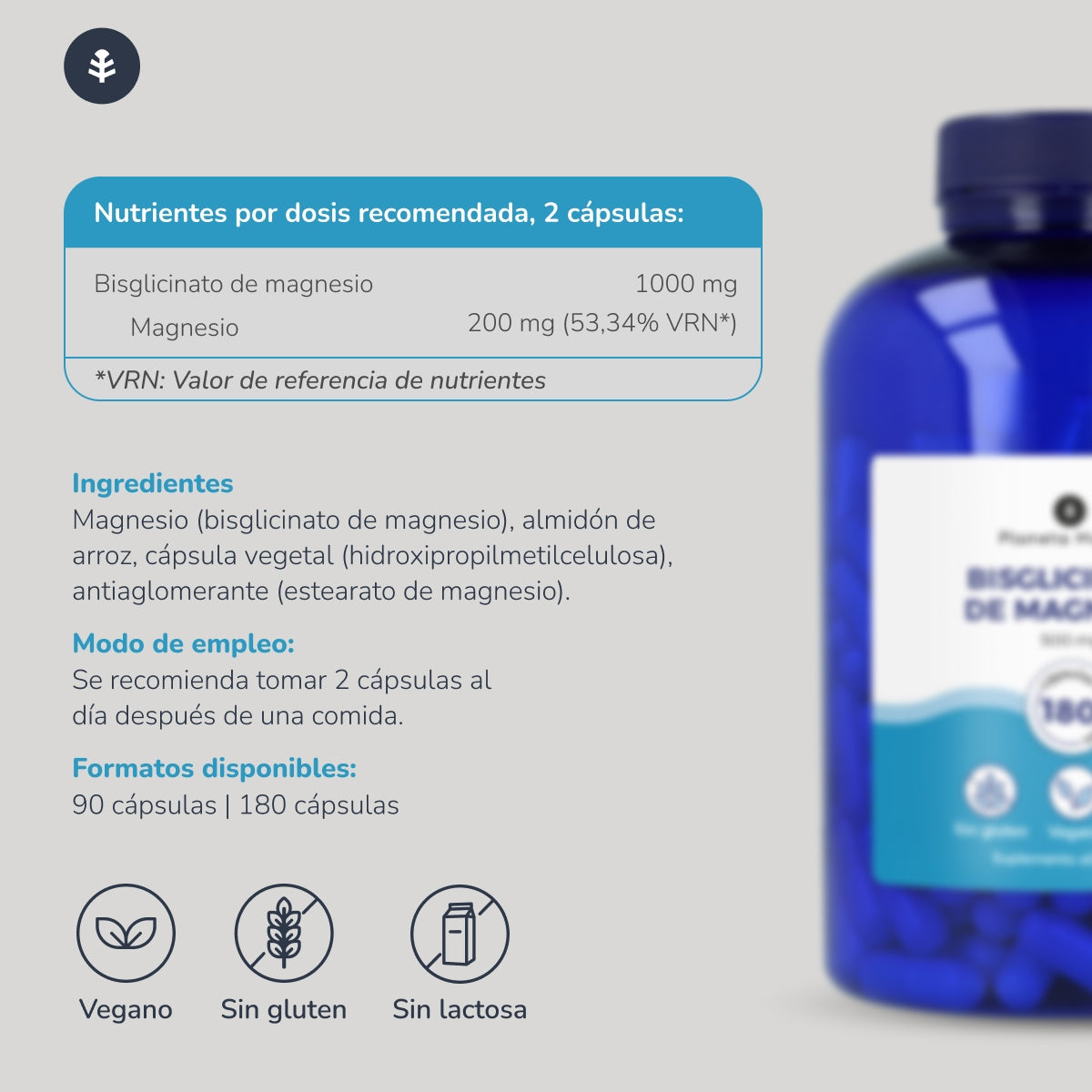 Magnesiumbisglycinat 500 mg Planeta Huerto 180 kapslar