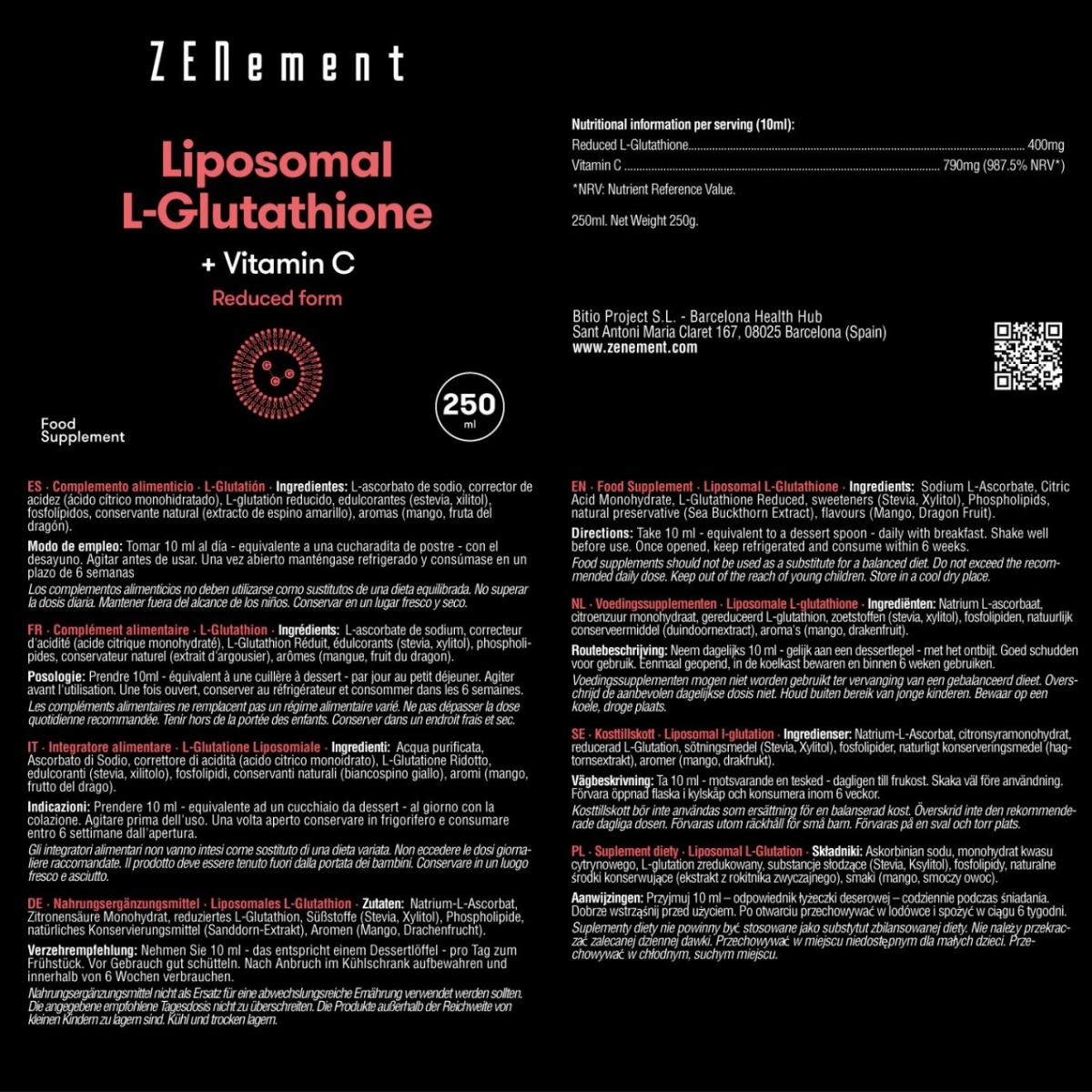L-Glutation + Liposomalt C-vitamin Zenement, 250 ml