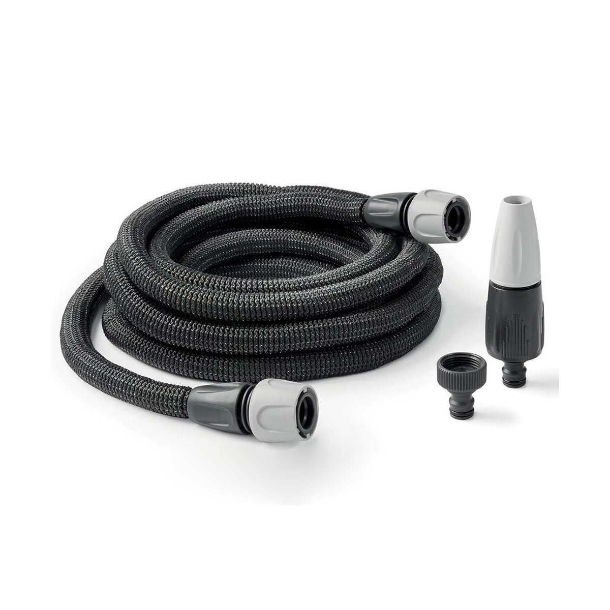 Aquapop Grey Easy 15 m extendable hose kit with ergonomic spray nozzle, connectors and tap connector