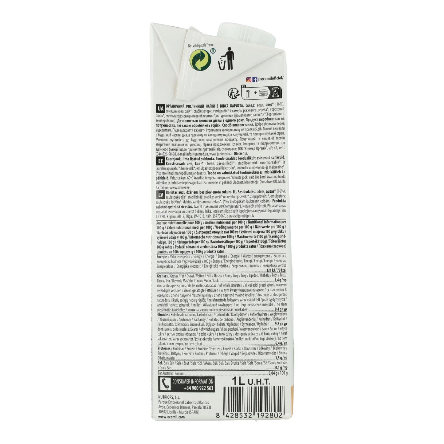 Pflanzliches Getränk Barista Hafer BIO EcoMil 1 l