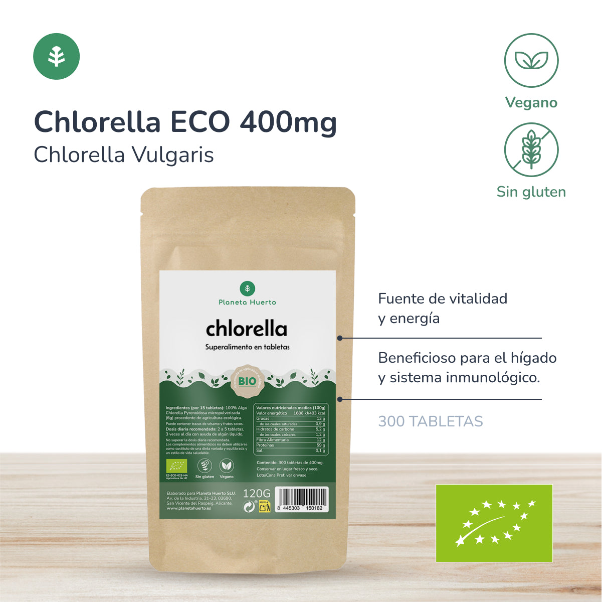 Organic Chlorella 400 mg Planeta Huerto 300 tablets