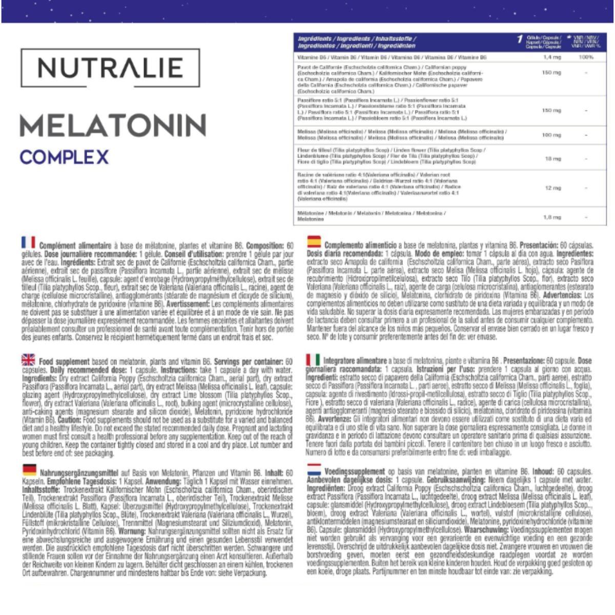 Melatonin with Passionflower + Valerian Root + B6 Nutralie 60 capsules