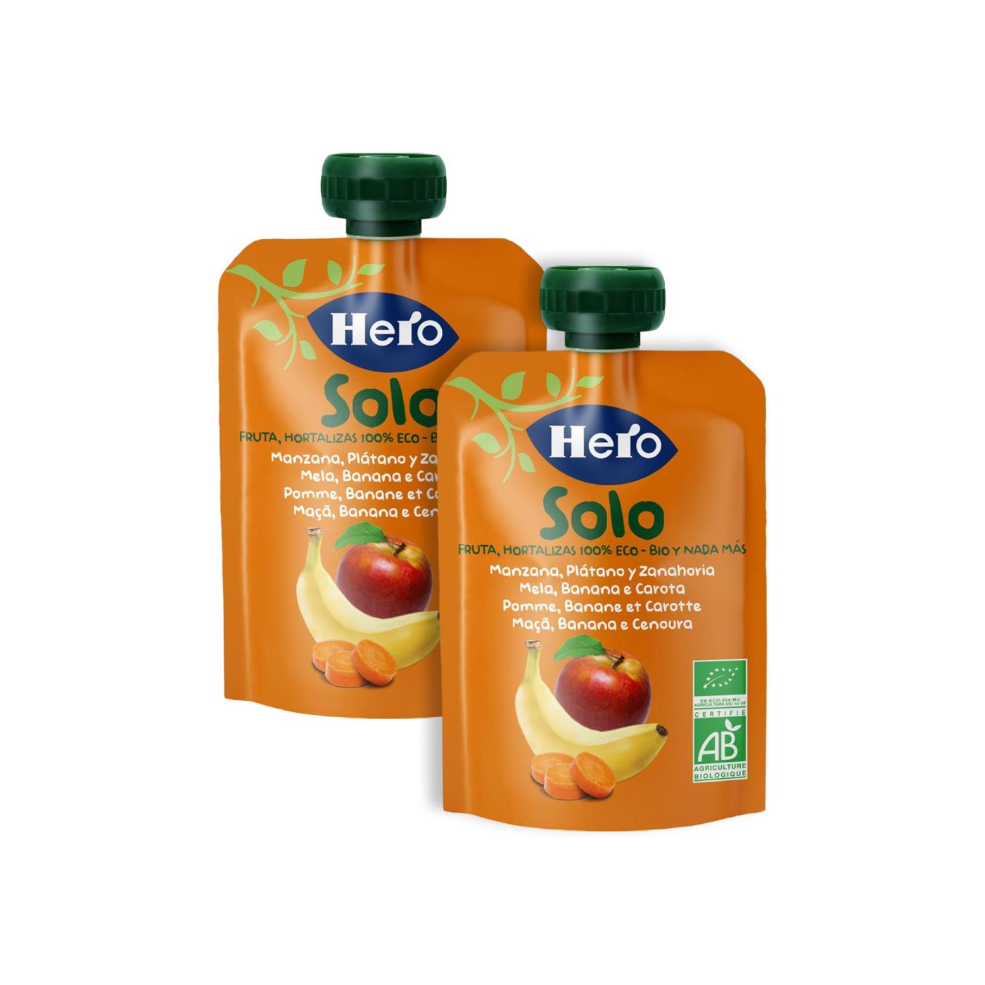 Aktionspackung 2x Beutel mit Apfel, Banane und Karotte, 100 % Bio, 100 g – Hero Solo