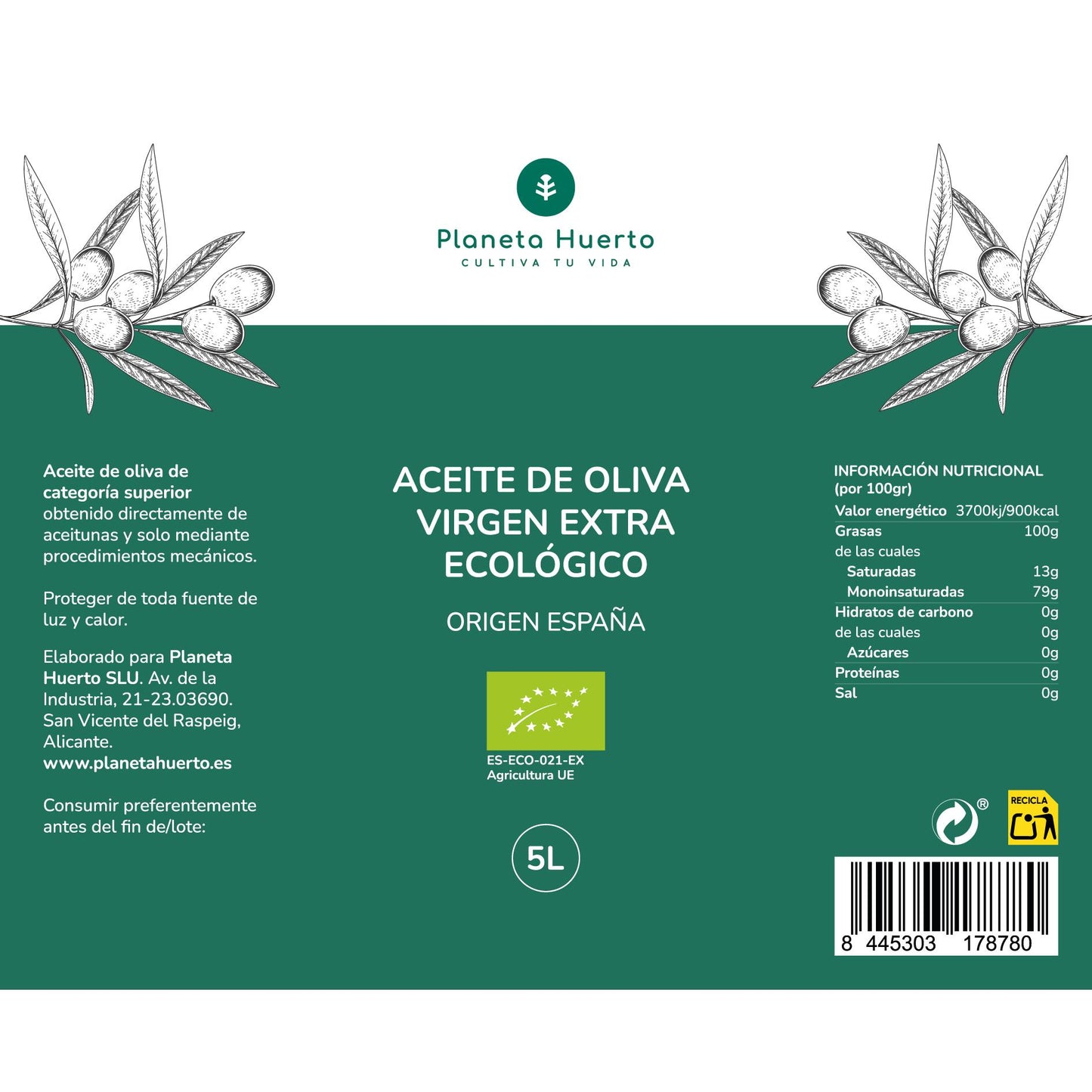 Extra Virgin Olive Oil ECO Planeta Huerto 5 L