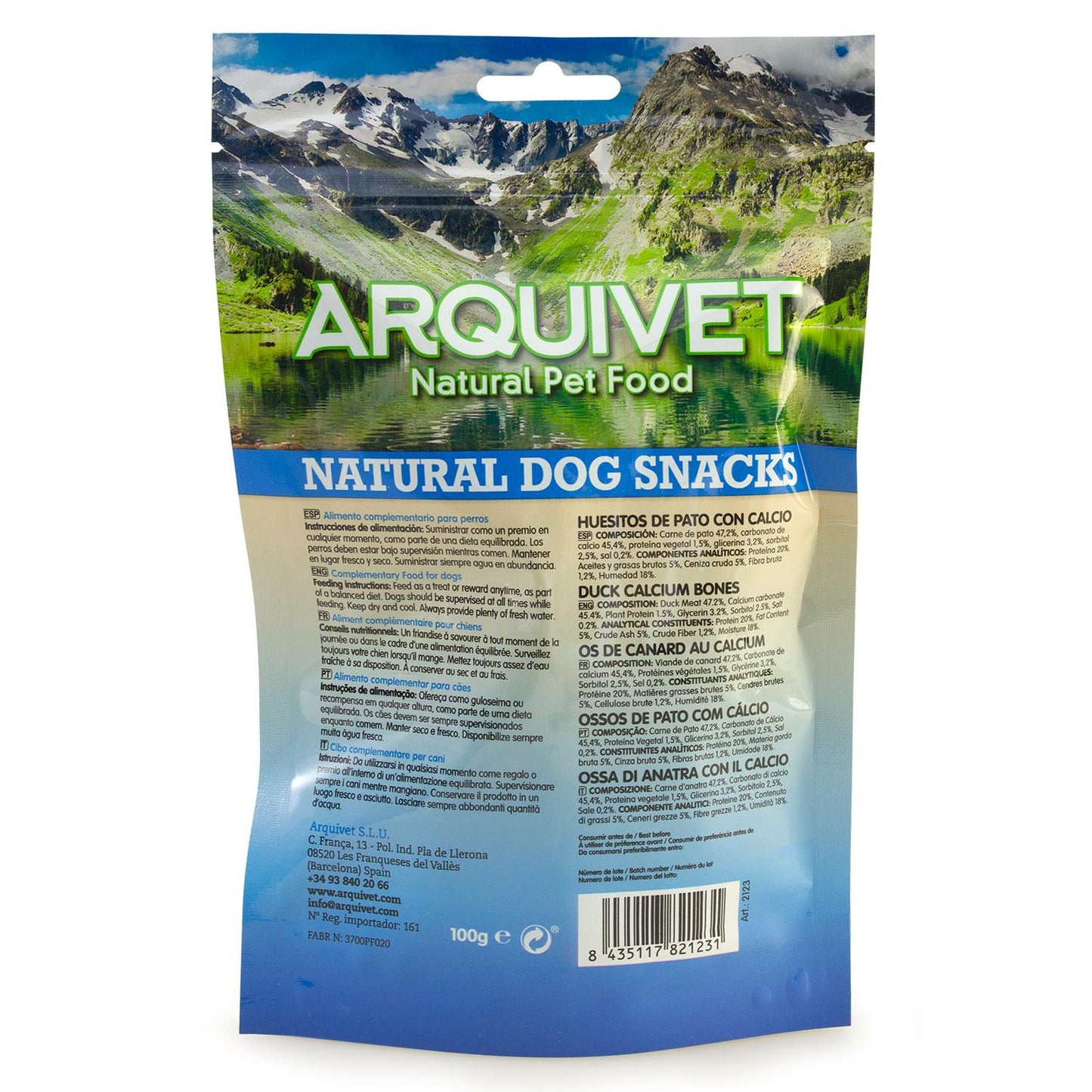 Naturalna przekąska dla psów Kostki z kaczki z wapniem Arquivet 100 g