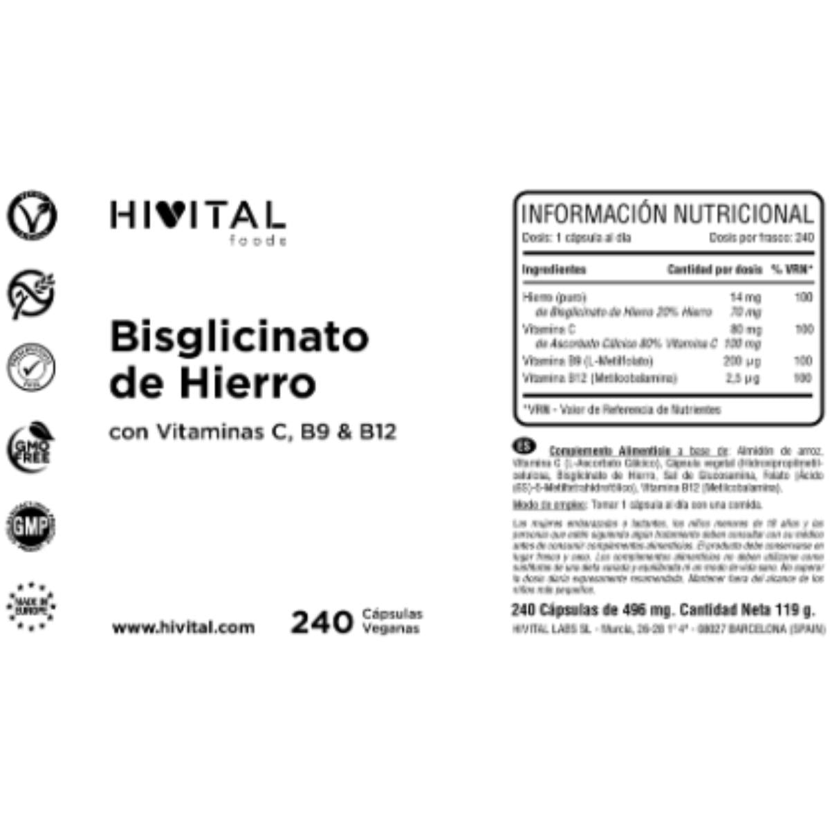 Ferro con vitamine C, B12 e acido folico (B9) 240 capsule Hivital