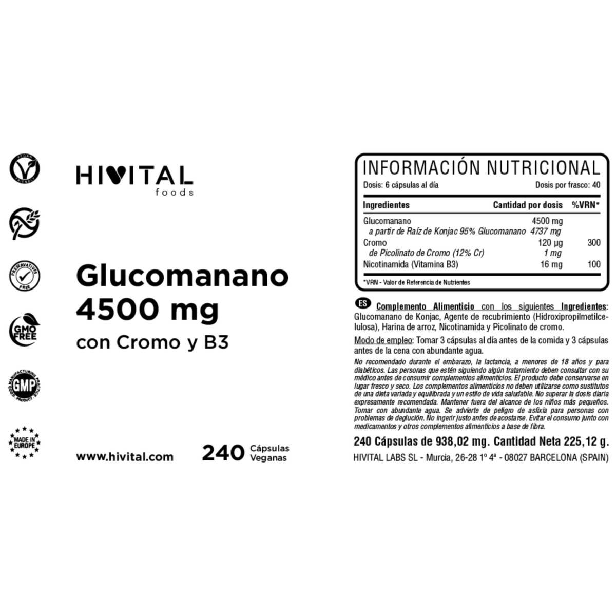 Hivital Glucomannan 4500 mg 240 vegan capsules