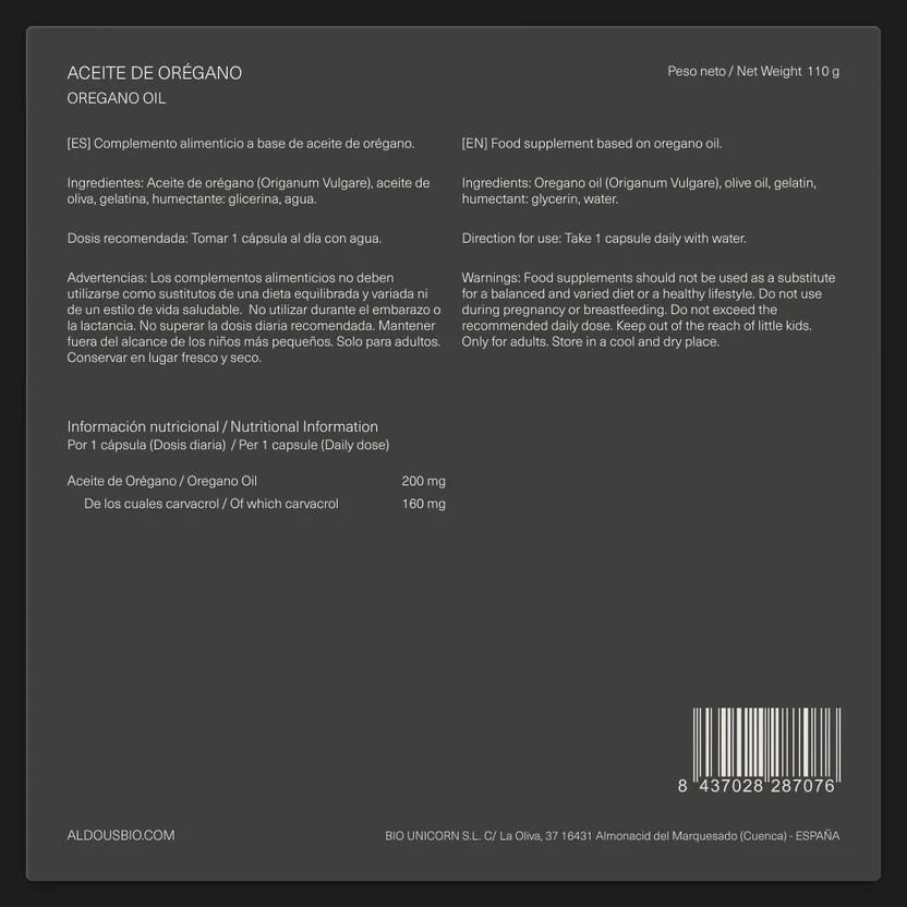 Oregano-olie 200 mg, 160 mg carvacrol Aldous Bio 200 capsules
