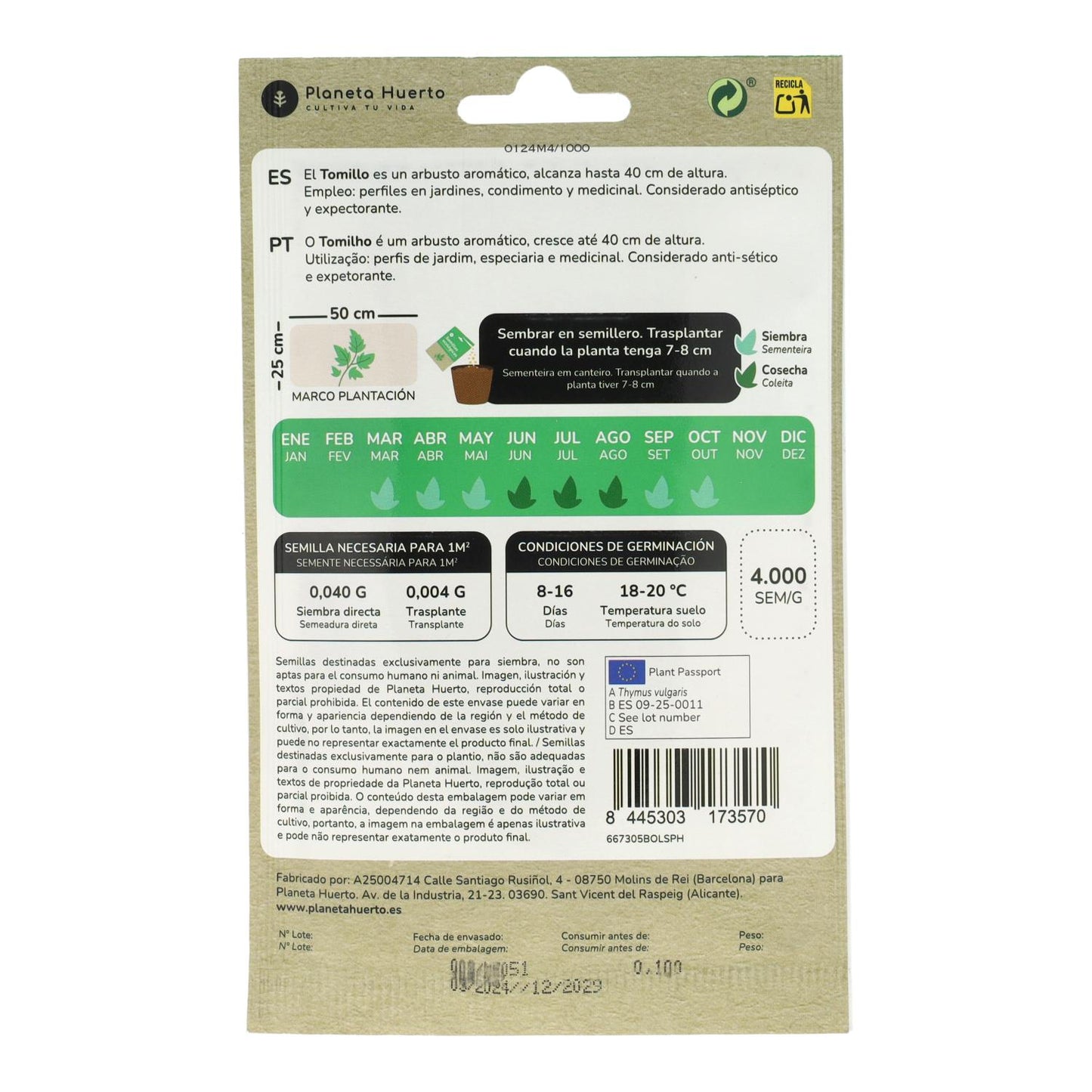 Semillas ecológicas de Tomillo Planeta Huerto