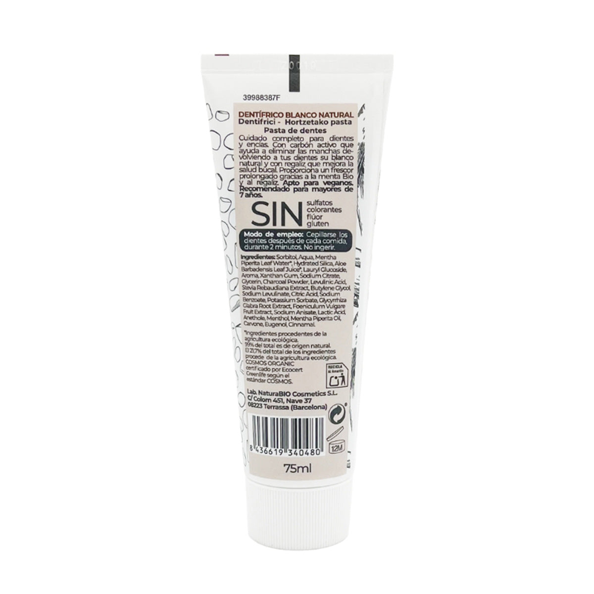 Naturlig tandkräm med lakrits och aktivt kol utan fluor, NaturaBIO Cosmetics, 75 ml