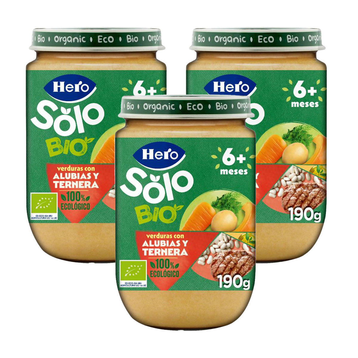 Pakket 3 x potje bonen en rundvlees Eco +6 maanden, Hero Baby SOLO, 190 g