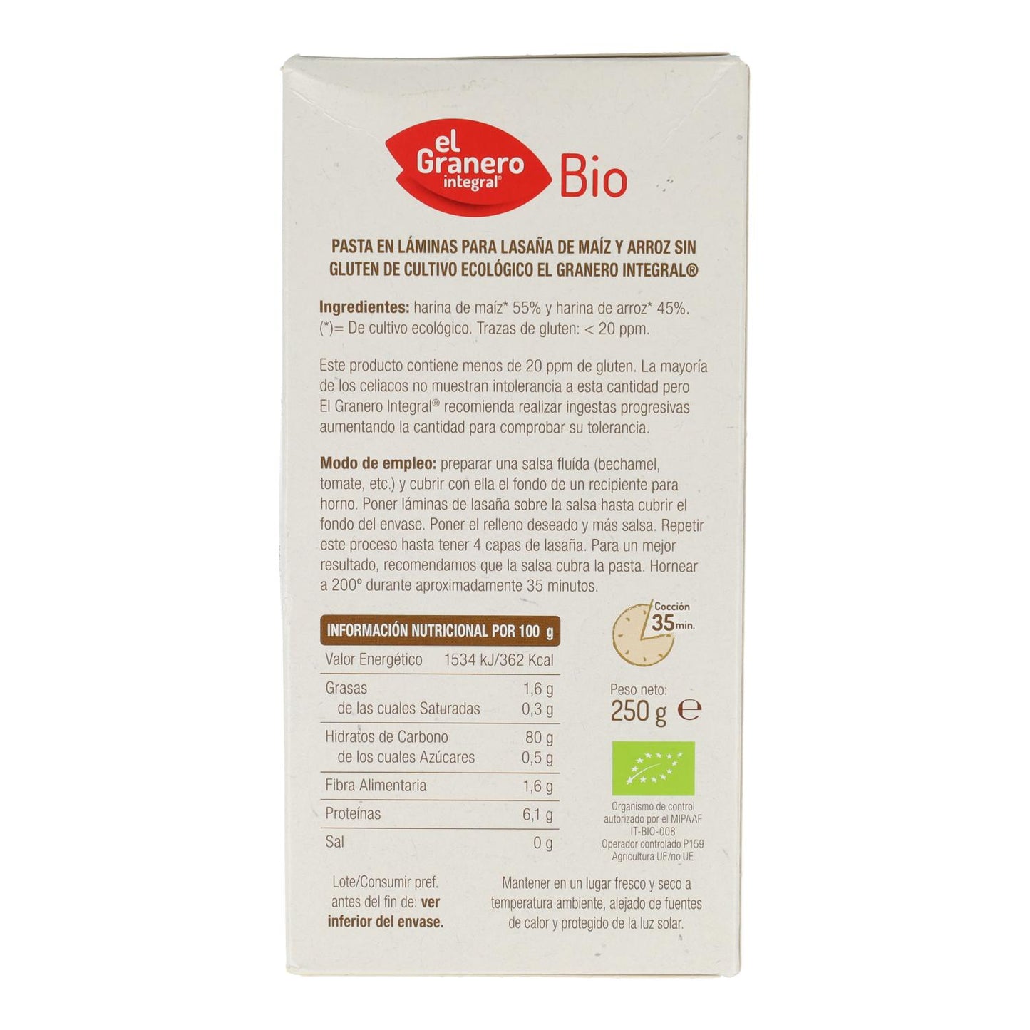 Glutenfreie Lasagneblätter aus Mais Bio El Granero, 250 g