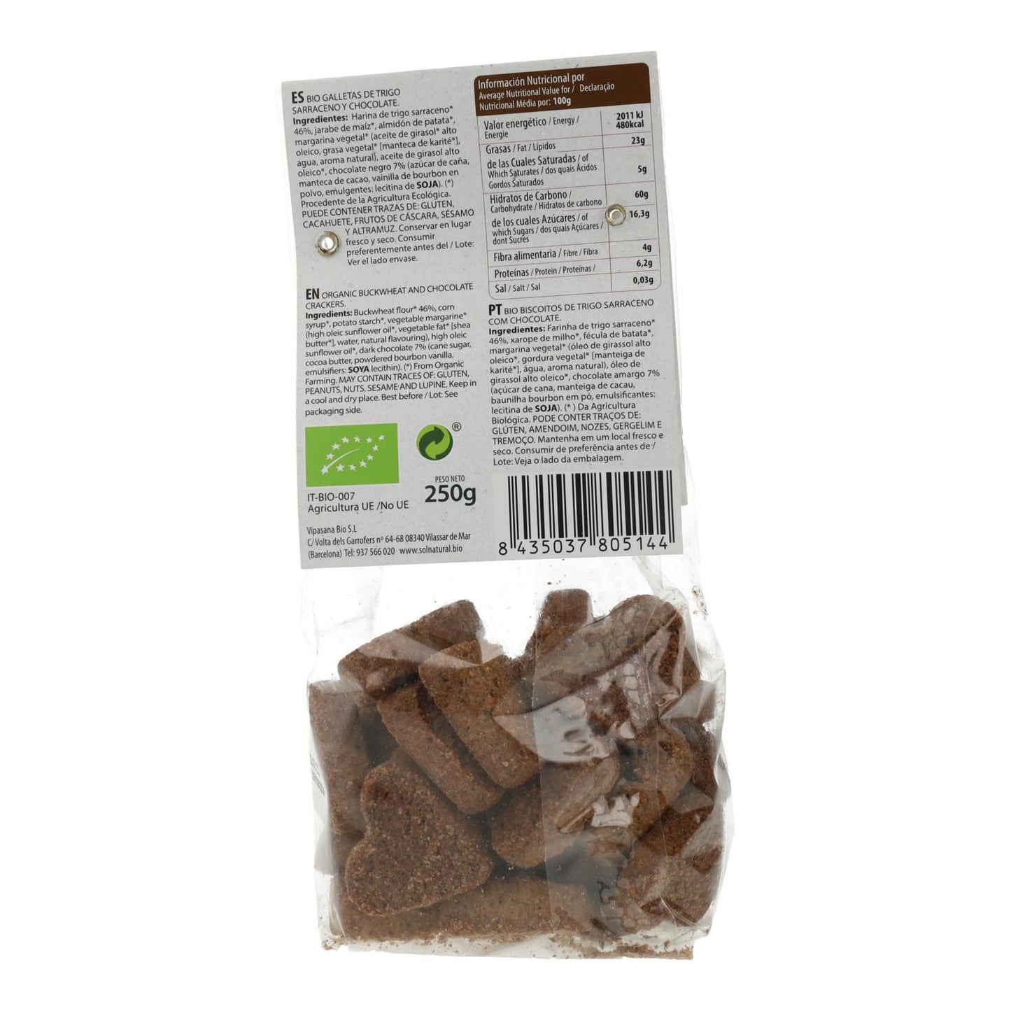 Biscuits aux cœurs de sarrasin et pépites de chocolat bio Sol Natural 250 g