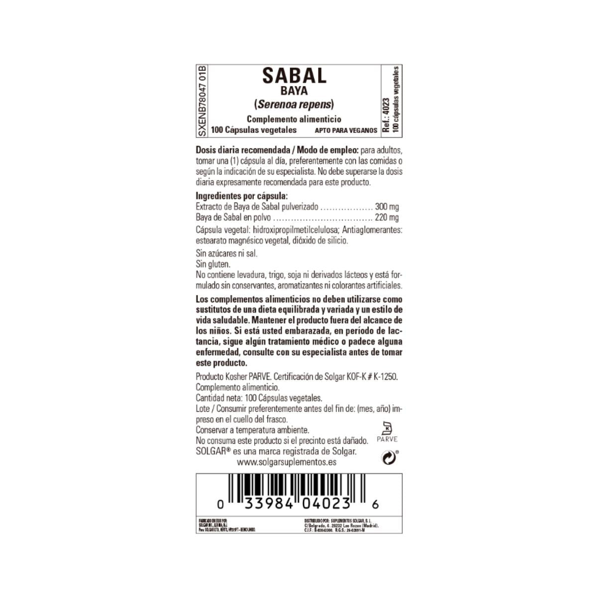 Sabal (Saw Palmetto), 100 vegetabiliska kapslar