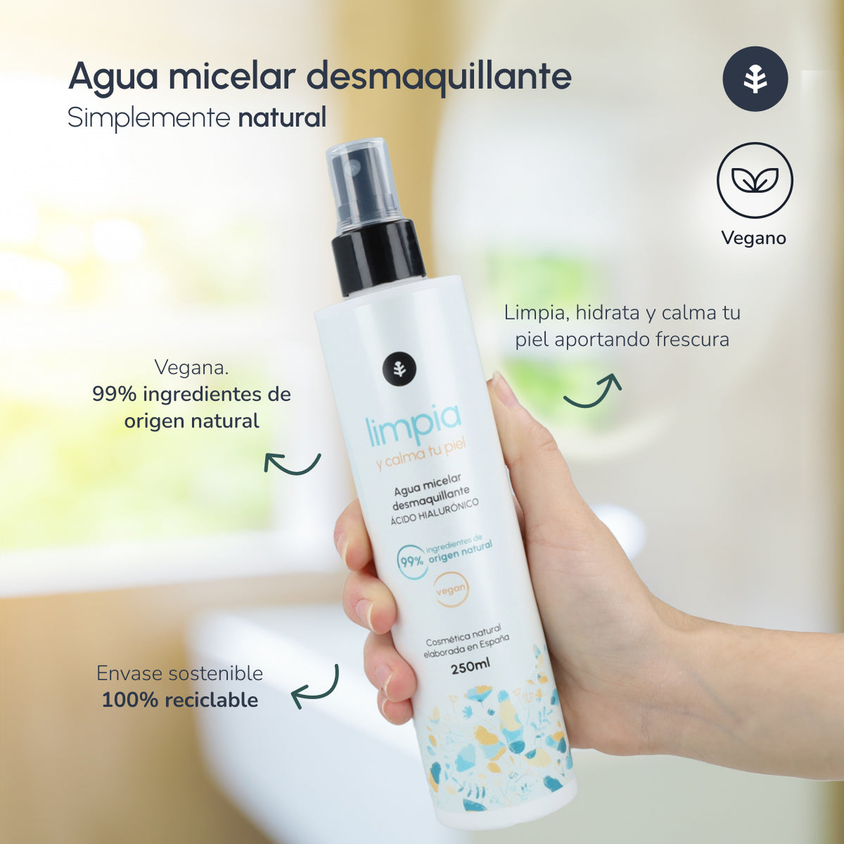 Rengörande micellärt vatten med hyaluronsyra Planeta Huerto 250 ml