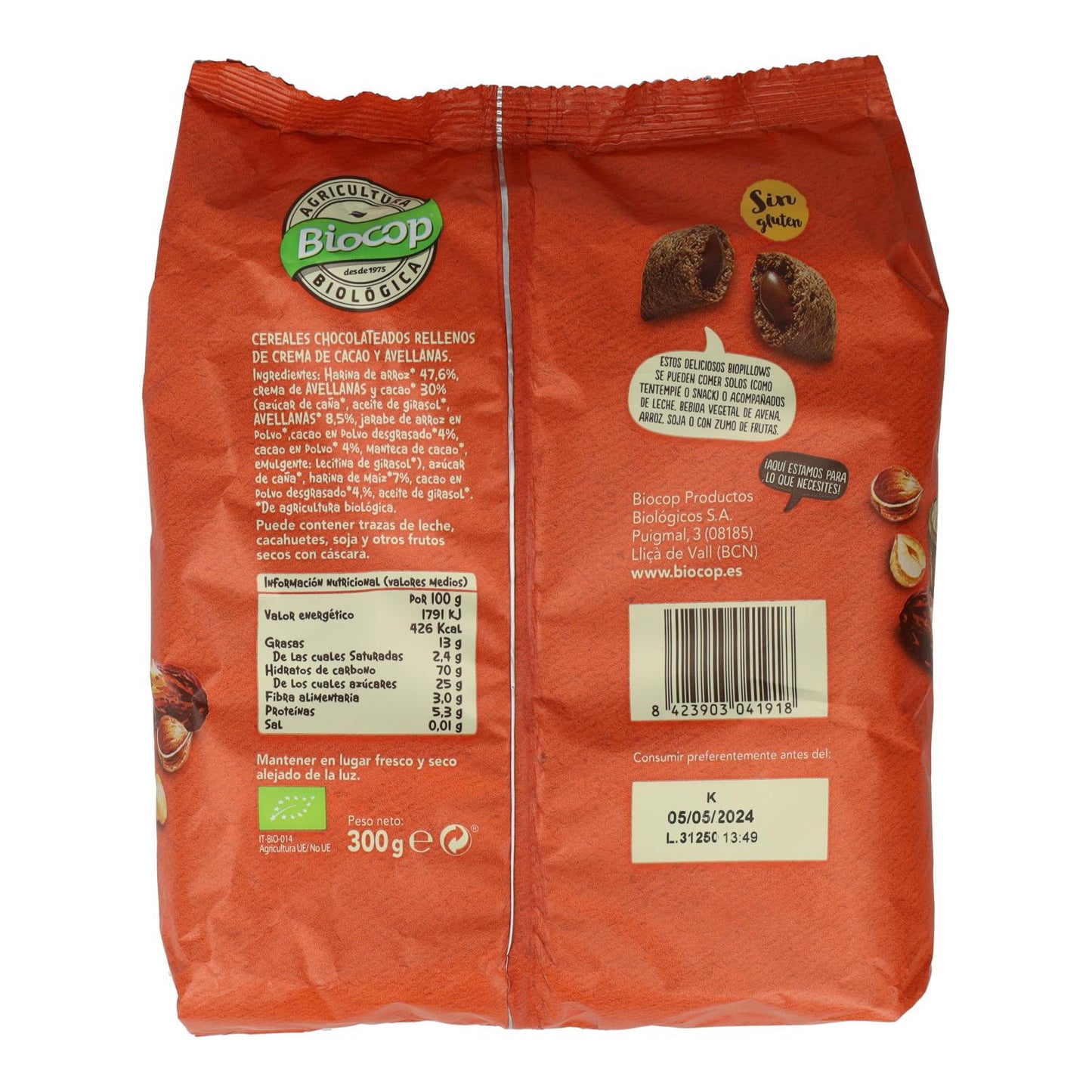 Biopillows cacao noisettes sans gluten Biocop 300 g