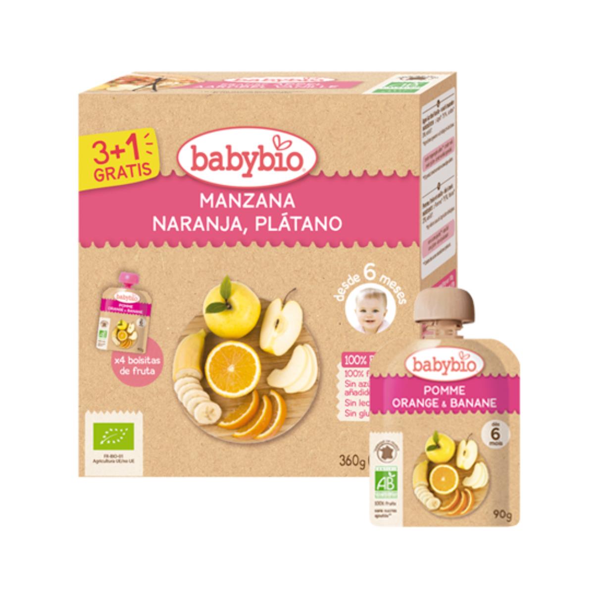Bio-Apfel-, Orangen- und Bananen-Beutel BabyBio 4 Stück à 90 g