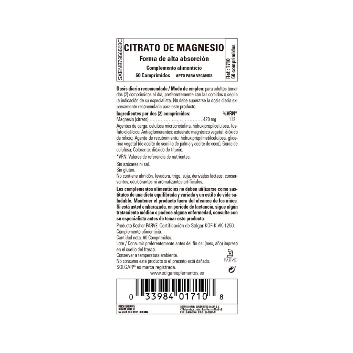 Citrate de magnésium 60 comprimés Solgar