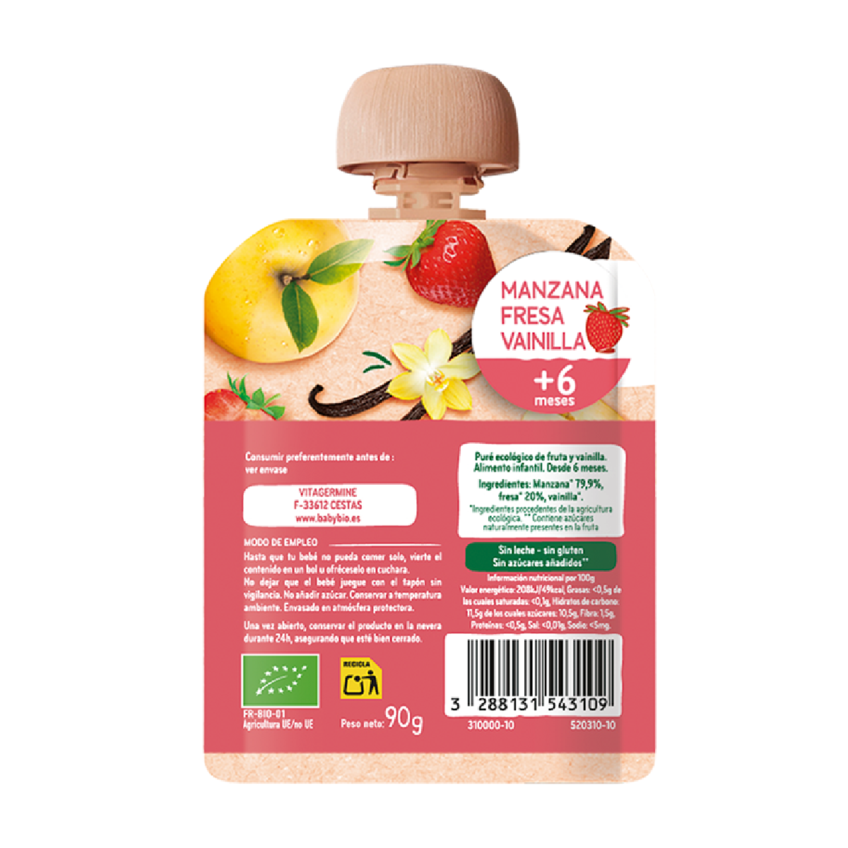 Beutel mit Apfel, Erdbeere und Vanille (ab 6 Monaten) Babybio 90 g
