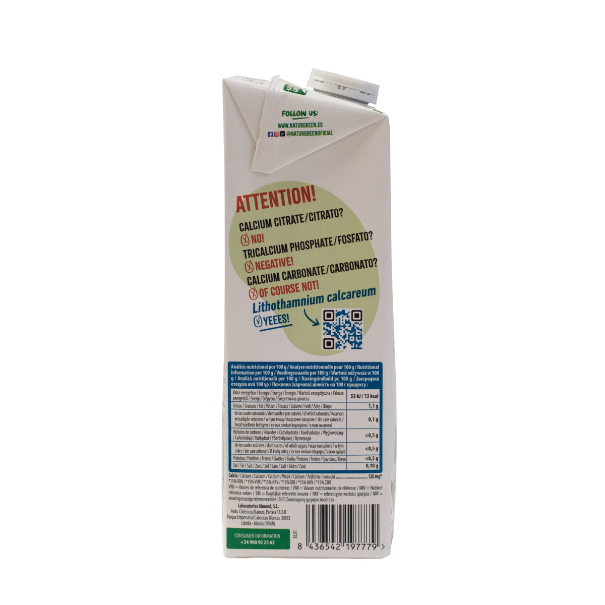 Pakket van 6 stuks Suikervrije amandeldrank met calcium NaturGreen 1 liter