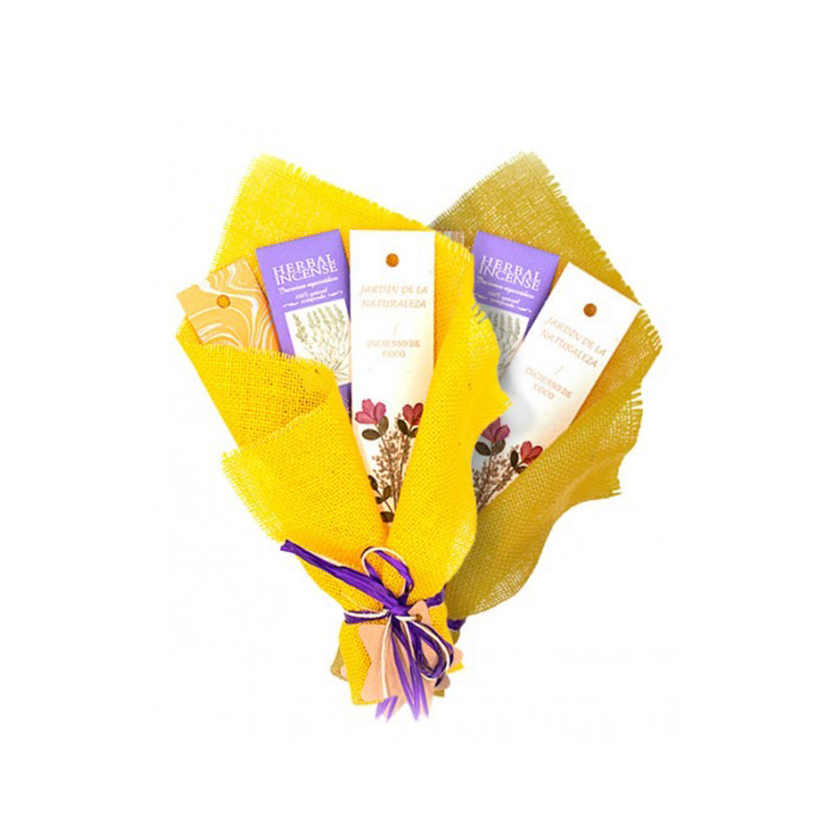 Bouquet giallo con 3 incensi: JN Coco, BioAroma Lavanda, Incenso Mirra e piccolo incensiere