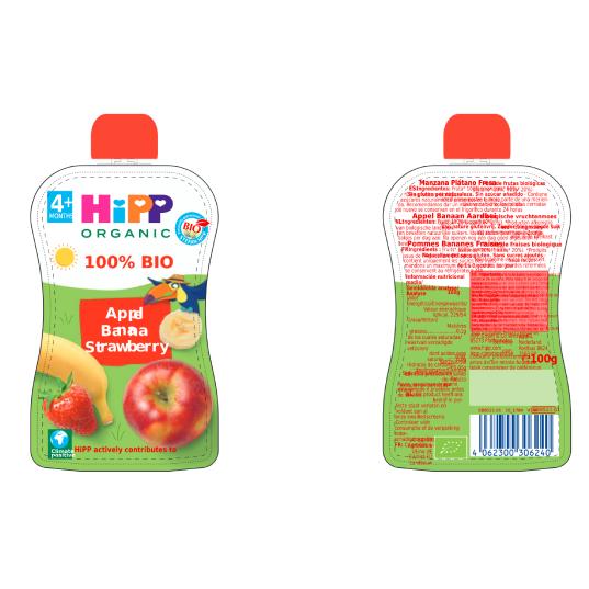 Beutel mit Apfel, Banane und Erdbeere Bio +4 Monate HiPP 100 g