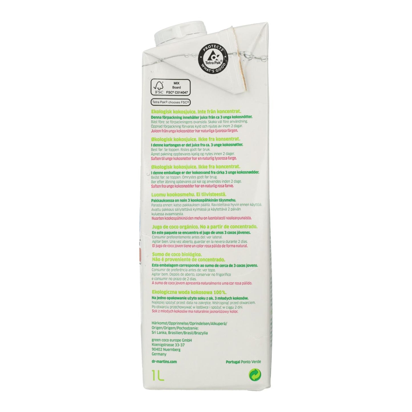 Pack 6x Eau de coco naturelle Dr. Martins 1 L