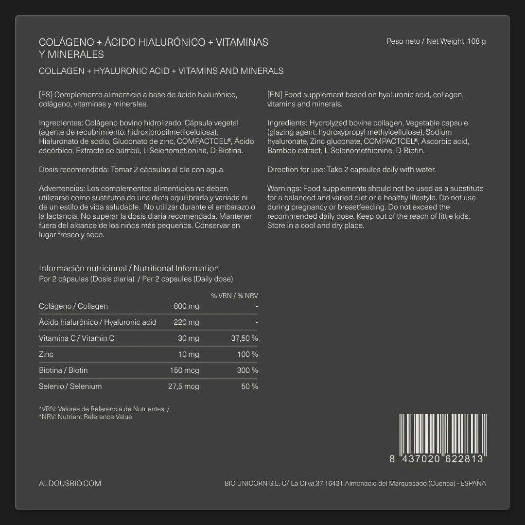 Kwas hialuronowy z kolagenem, biotyną, witaminami i minerałami Aldous 150 kapsułek
