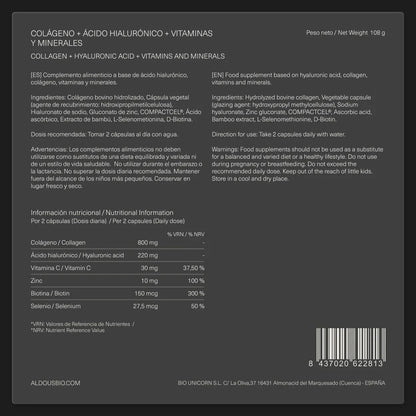 Kwas hialuronowy z kolagenem, biotyną, witaminami i minerałami Aldous 150 kapsułek