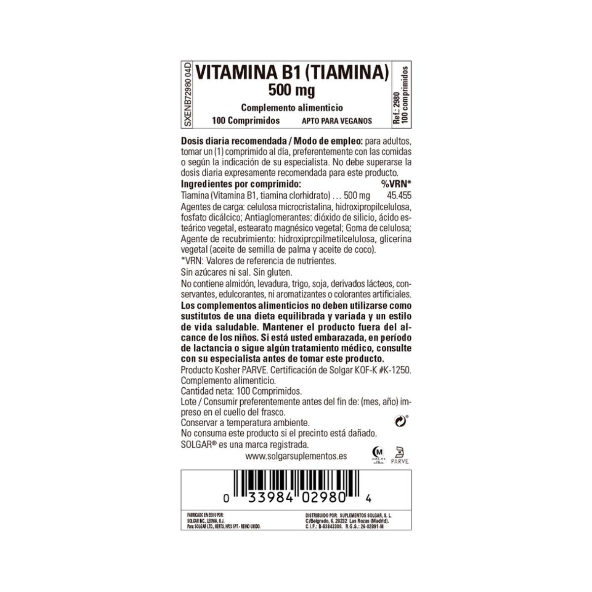 Vitamin B1, 100 tabletter à 500 mg