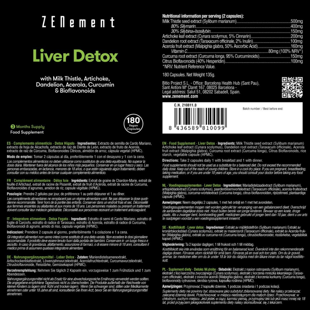 Leverdetox met mariadistel + artisjok + paardenbloem + acerola + kurkuma en bioflavonoïden Zenement,  180 tabletten